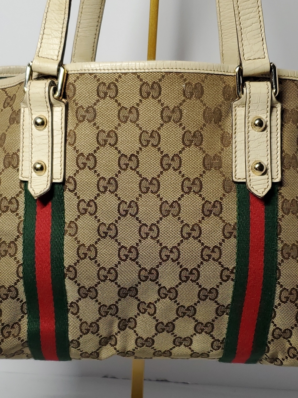 Gucci Beige GG Canvas Tote with Green and Red Web Stripe and Cream Trim - Picture 5 of 16